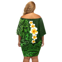 Green Polynesia Off Shoulder Short Dress Plumeria Tropical Leaves With Galaxy Polynesian Art - Wonder Print Shop