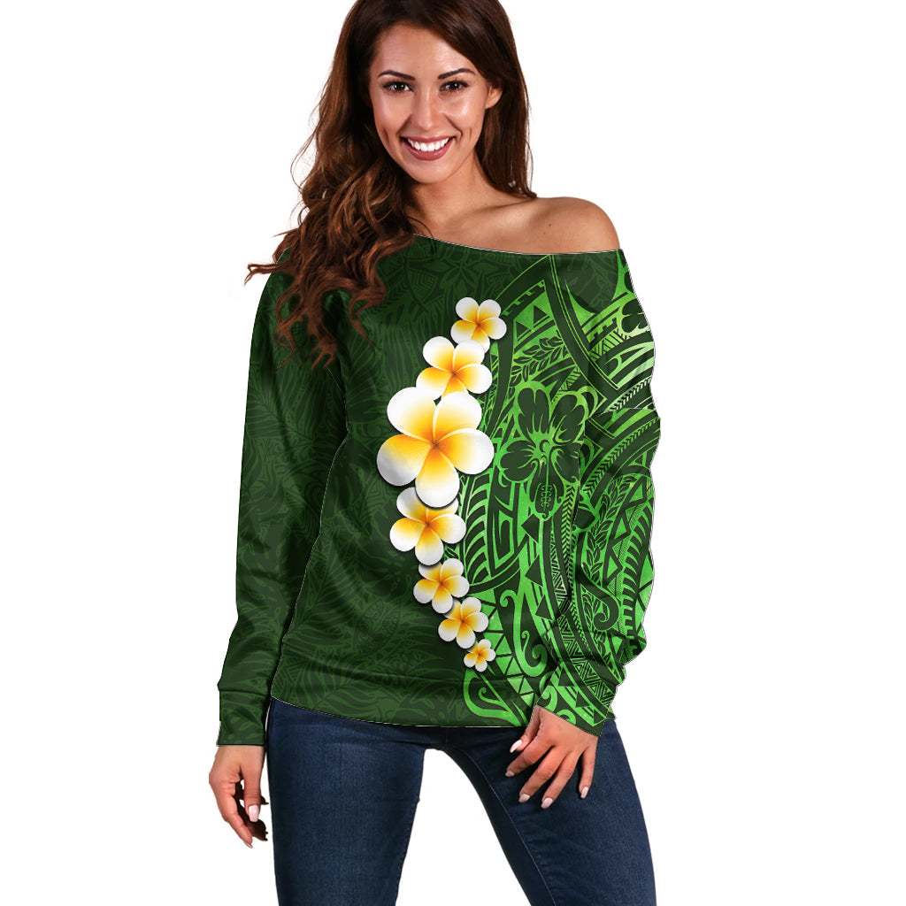 Green Polynesia Off Shoulder Sweater Plumeria Tropical Leaves With Galaxy Polynesian Art - Wonder Print Shop