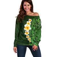 Green Polynesia Off Shoulder Sweater Plumeria Tropical Leaves With Galaxy Polynesian Art - Wonder Print Shop