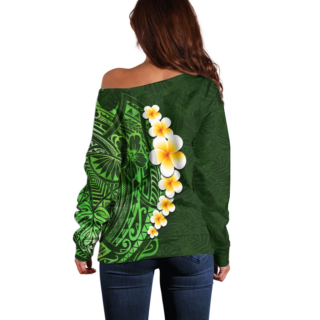 Green Polynesia Off Shoulder Sweater Plumeria Tropical Leaves With Galaxy Polynesian Art - Wonder Print Shop