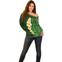 Green Polynesia Off Shoulder Sweater Plumeria Tropical Leaves With Galaxy Polynesian Art - Wonder Print Shop