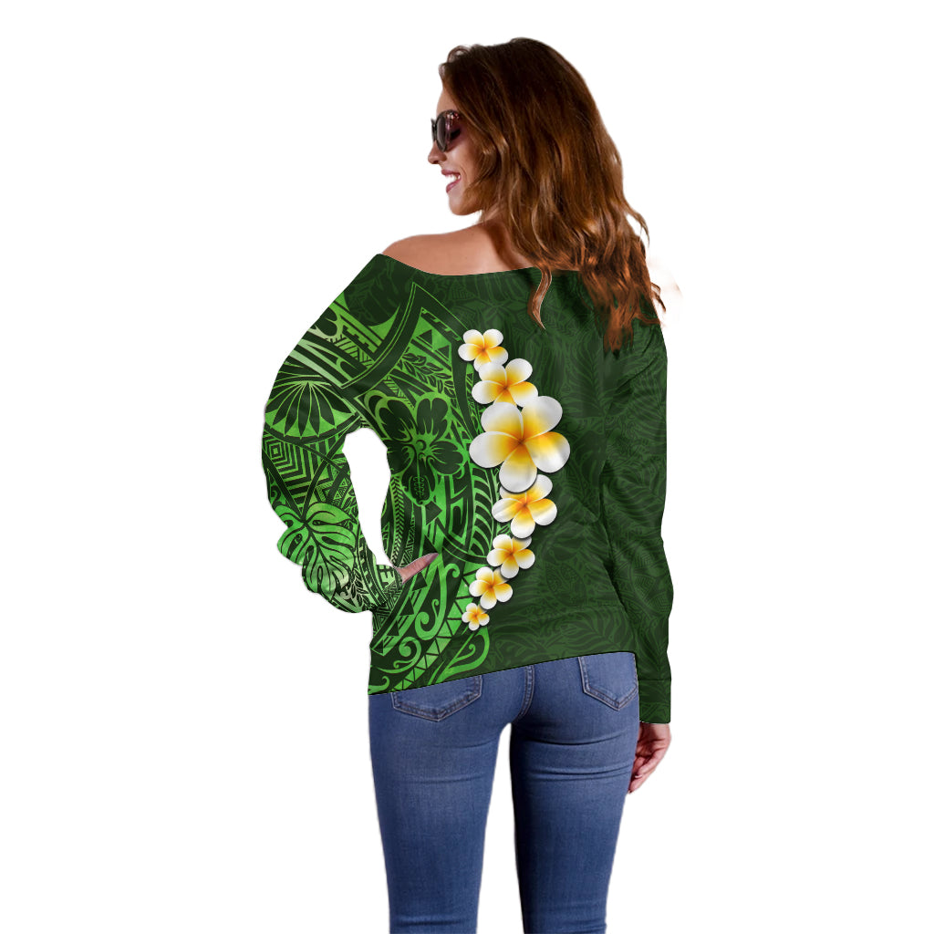 Green Polynesia Off Shoulder Sweater Plumeria Tropical Leaves With Galaxy Polynesian Art - Wonder Print Shop