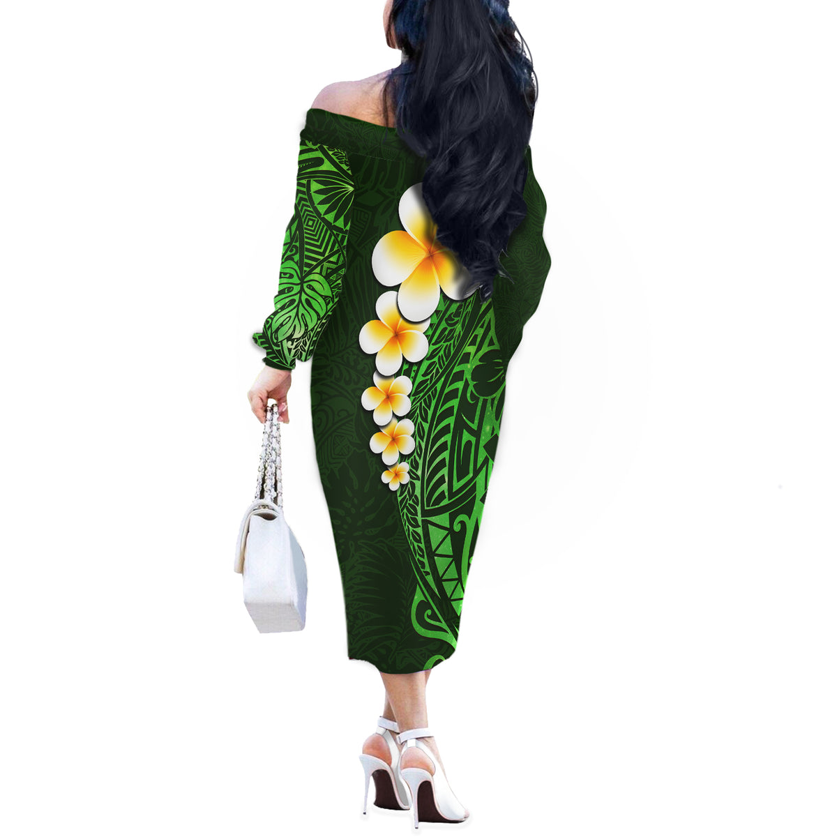 Green Polynesia Off The Shoulder Long Sleeve Dress Plumeria Tropical Leaves With Galaxy Polynesian Art - Wonder Print Shop