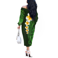 Green Polynesia Off The Shoulder Long Sleeve Dress Plumeria Tropical Leaves With Galaxy Polynesian Art - Wonder Print Shop
