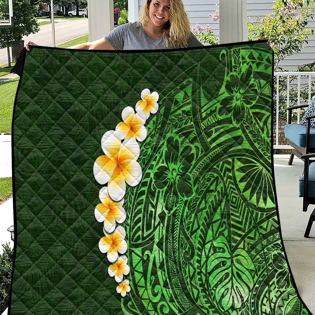 Green Polynesia Quilt Plumeria Tropical Leaves With Galaxy Polynesian Art - Wonder Print Shop