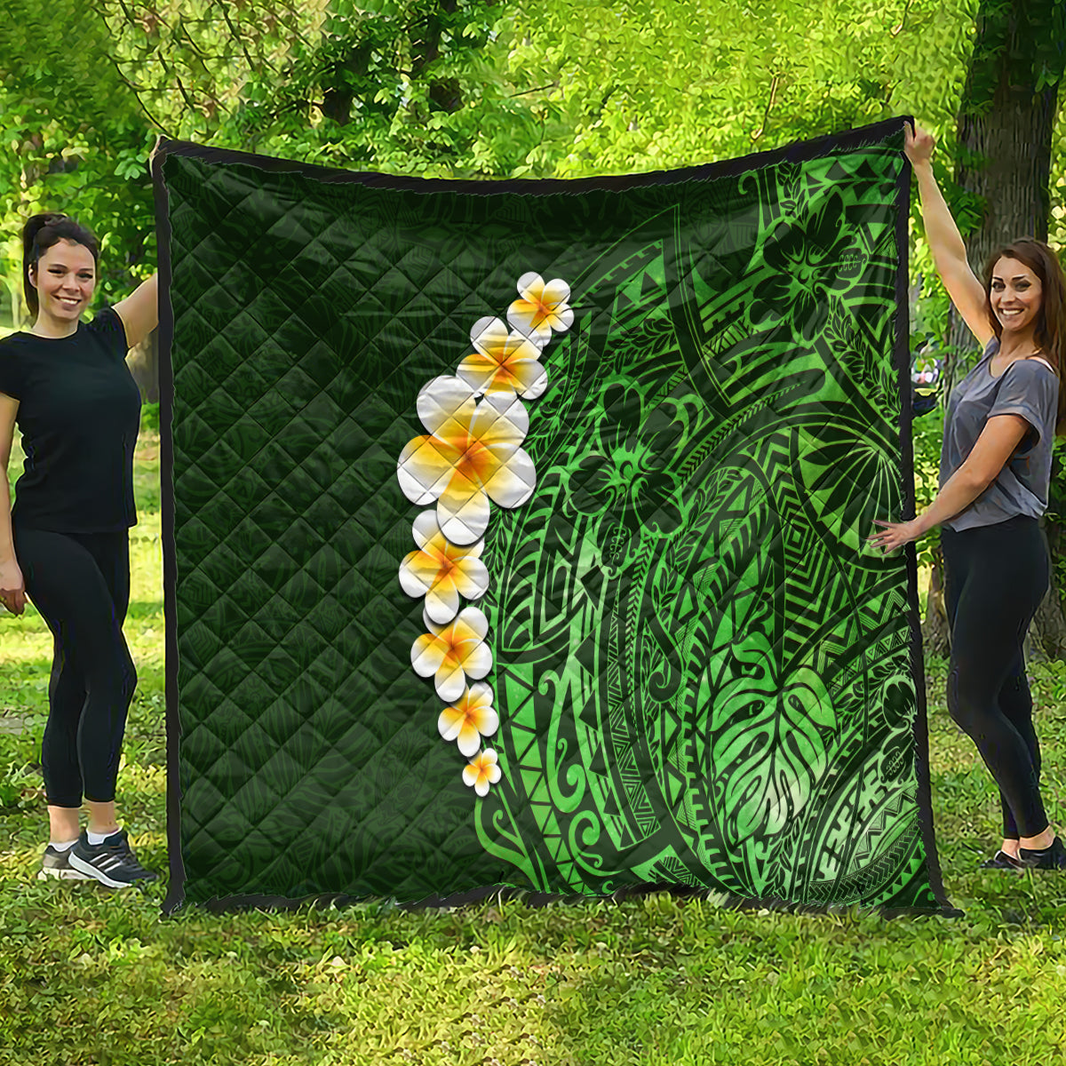 Green Polynesia Quilt Plumeria Tropical Leaves With Galaxy Polynesian Art - Wonder Print Shop