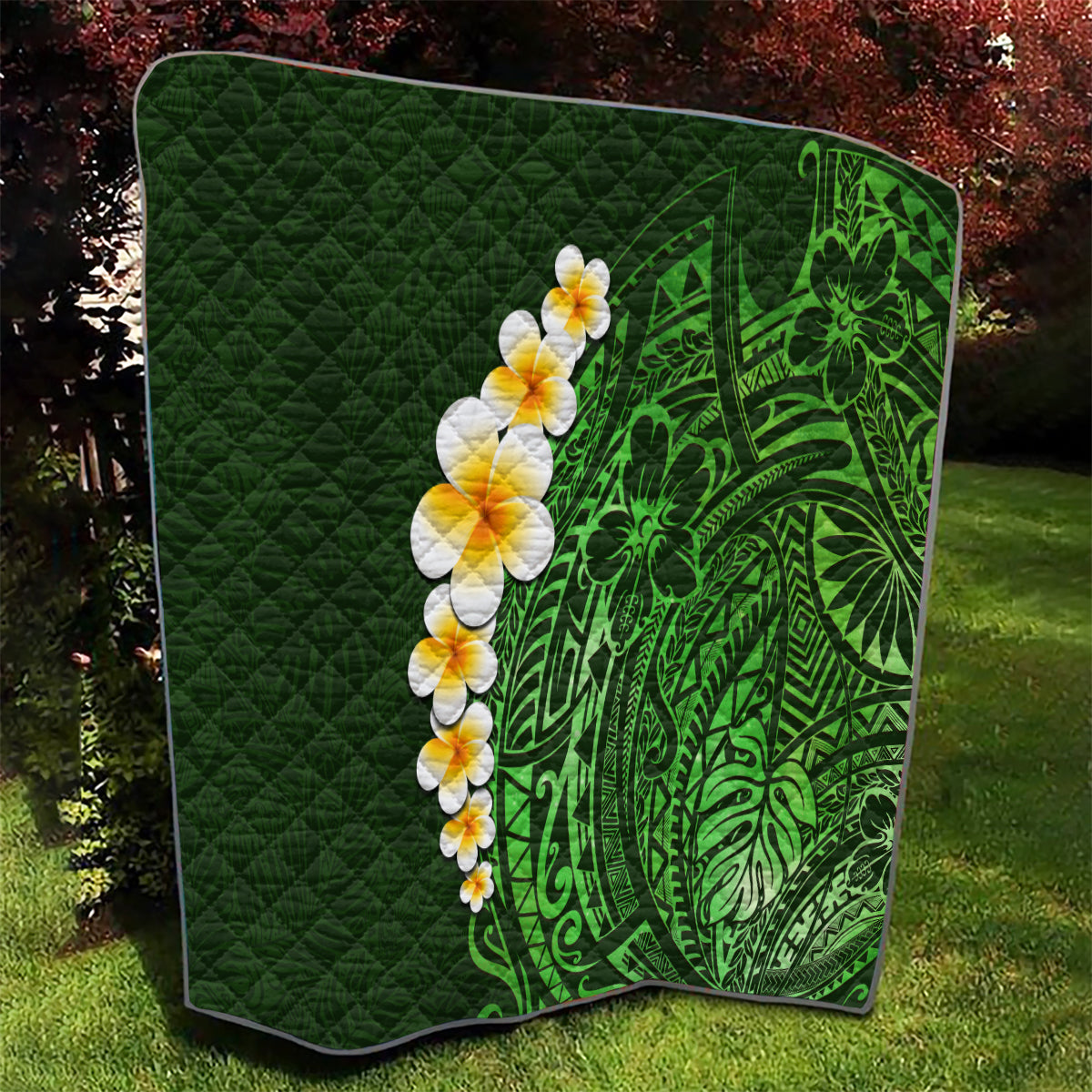 Green Polynesia Quilt Plumeria Tropical Leaves With Galaxy Polynesian Art - Wonder Print Shop