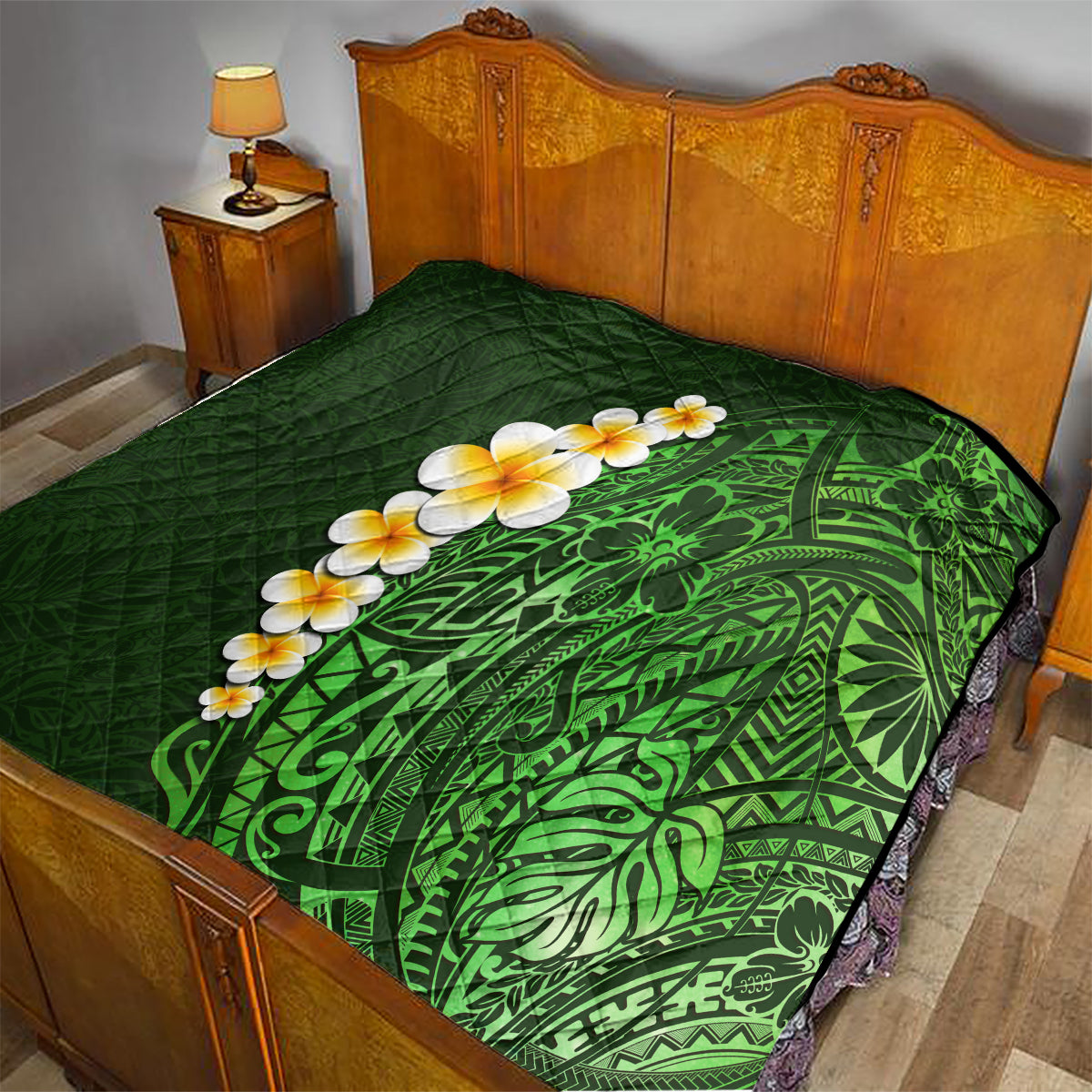 Green Polynesia Quilt Plumeria Tropical Leaves With Galaxy Polynesian Art - Wonder Print Shop