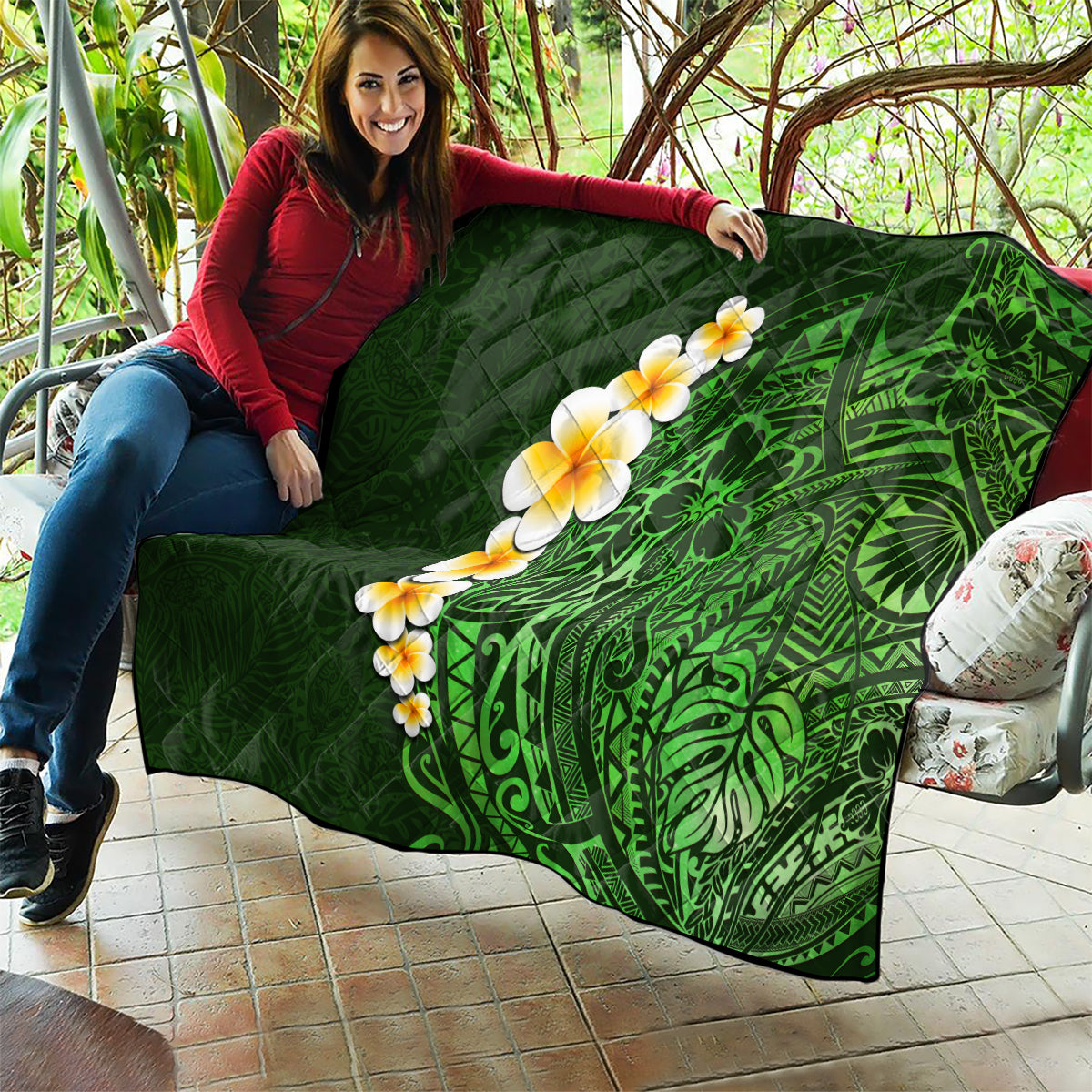Green Polynesia Quilt Plumeria Tropical Leaves With Galaxy Polynesian Art - Wonder Print Shop