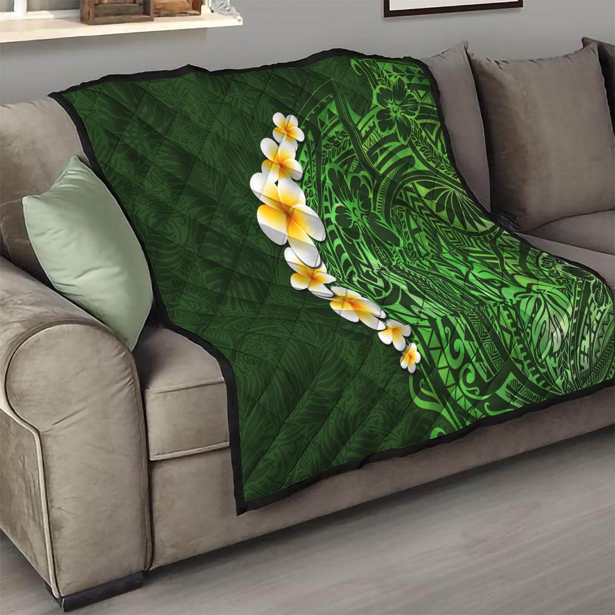 Green Polynesia Quilt Plumeria Tropical Leaves With Galaxy Polynesian Art - Wonder Print Shop