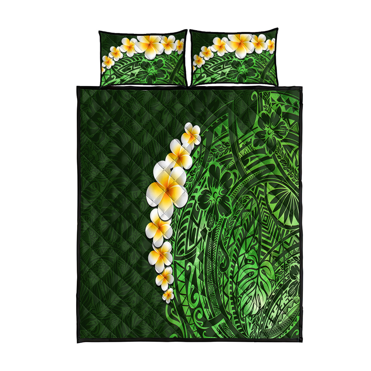 Green Polynesia Quilt Bed Set Plumeria Tropical Leaves With Galaxy Polynesian Art - Wonder Print Shop