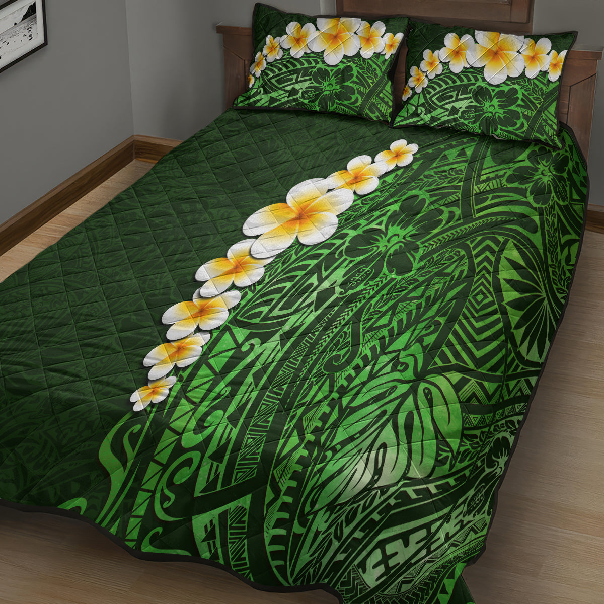 Green Polynesia Quilt Bed Set Plumeria Tropical Leaves With Galaxy Polynesian Art - Wonder Print Shop