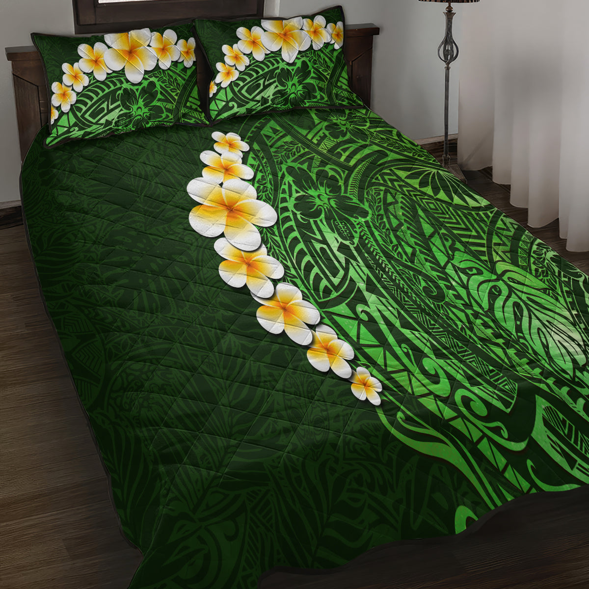 Green Polynesia Quilt Bed Set Plumeria Tropical Leaves With Galaxy Polynesian Art - Wonder Print Shop