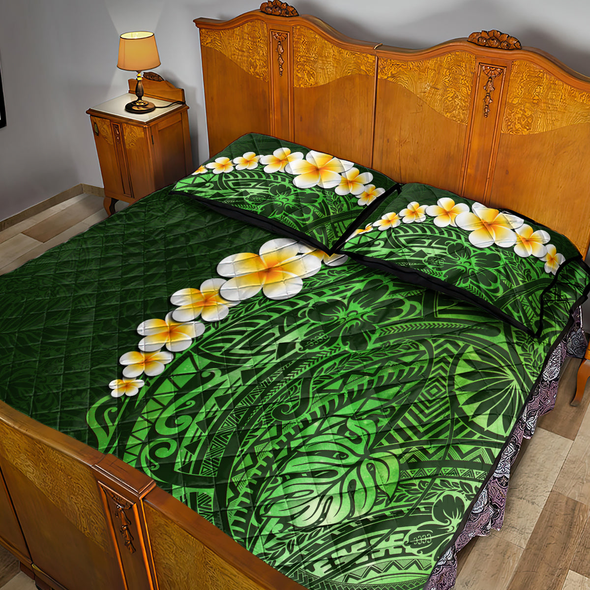 Green Polynesia Quilt Bed Set Plumeria Tropical Leaves With Galaxy Polynesian Art - Wonder Print Shop