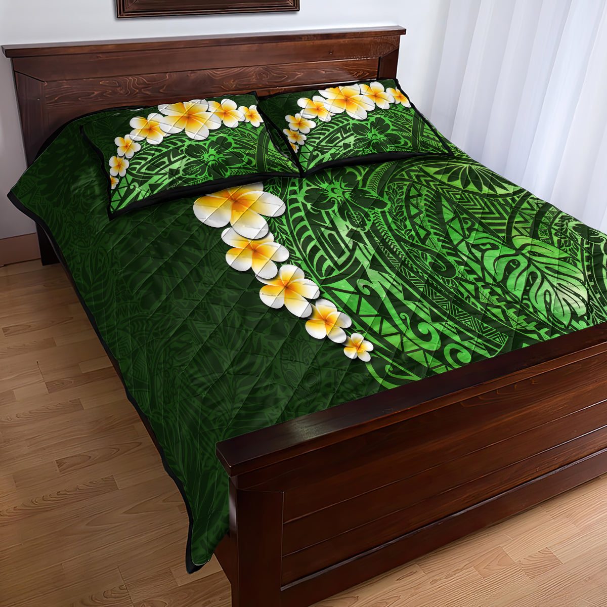 Green Polynesia Quilt Bed Set Plumeria Tropical Leaves With Galaxy Polynesian Art - Wonder Print Shop