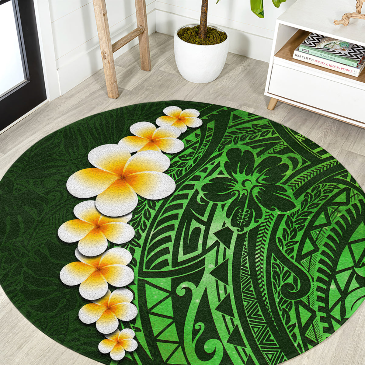 green-polynesia-round-carpet-plumeria-tropical-leaves-with-galaxy-polynesian-art