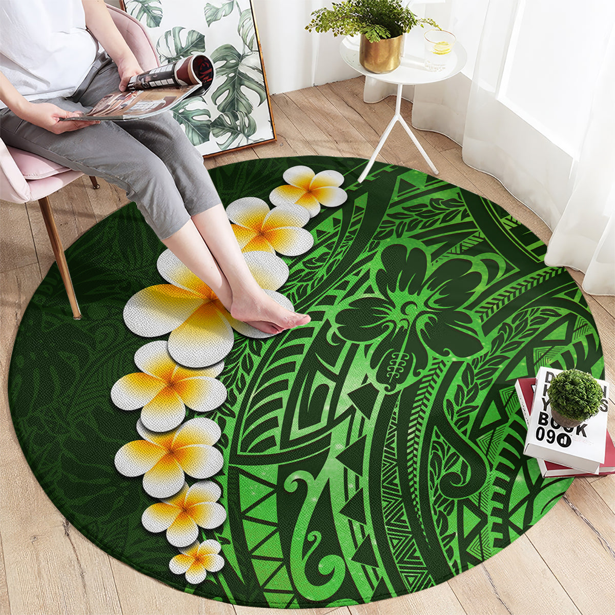green-polynesia-round-carpet-plumeria-tropical-leaves-with-galaxy-polynesian-art