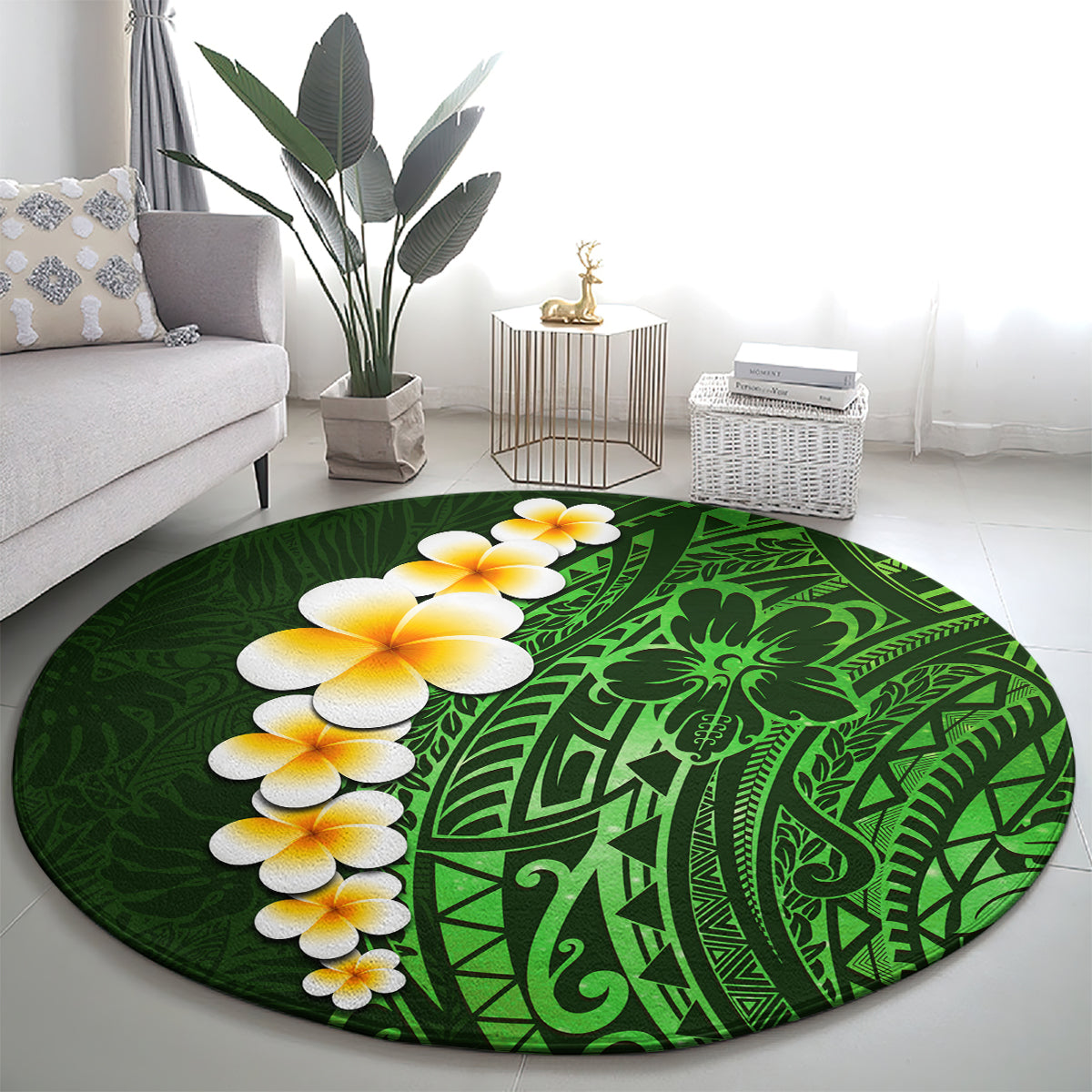 green-polynesia-round-carpet-plumeria-tropical-leaves-with-galaxy-polynesian-art