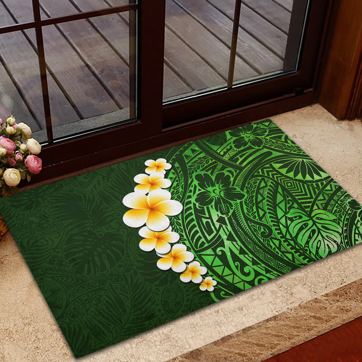 Green Polynesia Rubber Doormat Plumeria Tropical Leaves With Galaxy Polynesian Art - Wonder Print Shop