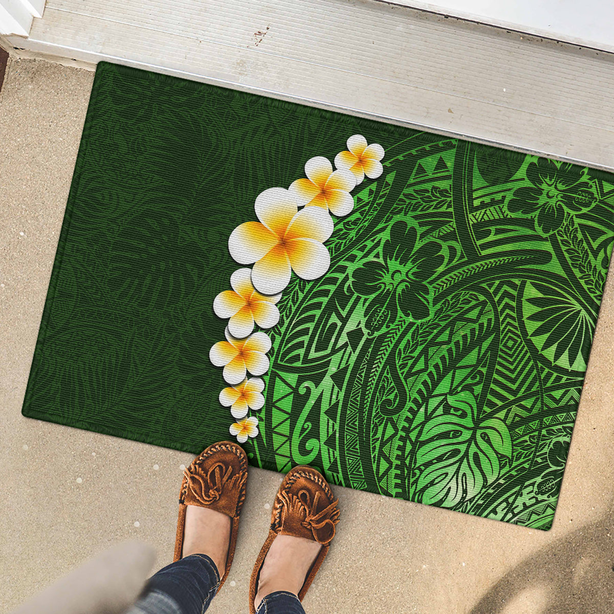 Green Polynesia Rubber Doormat Plumeria Tropical Leaves With Galaxy Polynesian Art - Wonder Print Shop