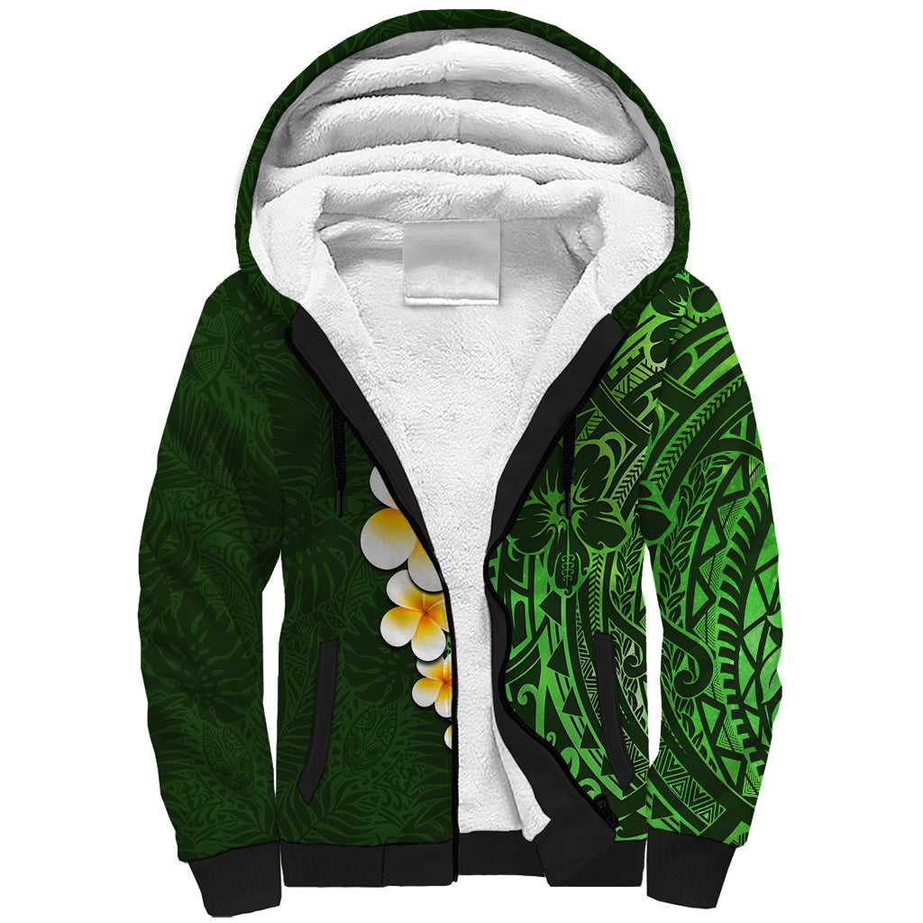 Green Polynesia Sherpa Hoodie Plumeria Tropical Leaves With Galaxy Polynesian Art - Wonder Print Shop