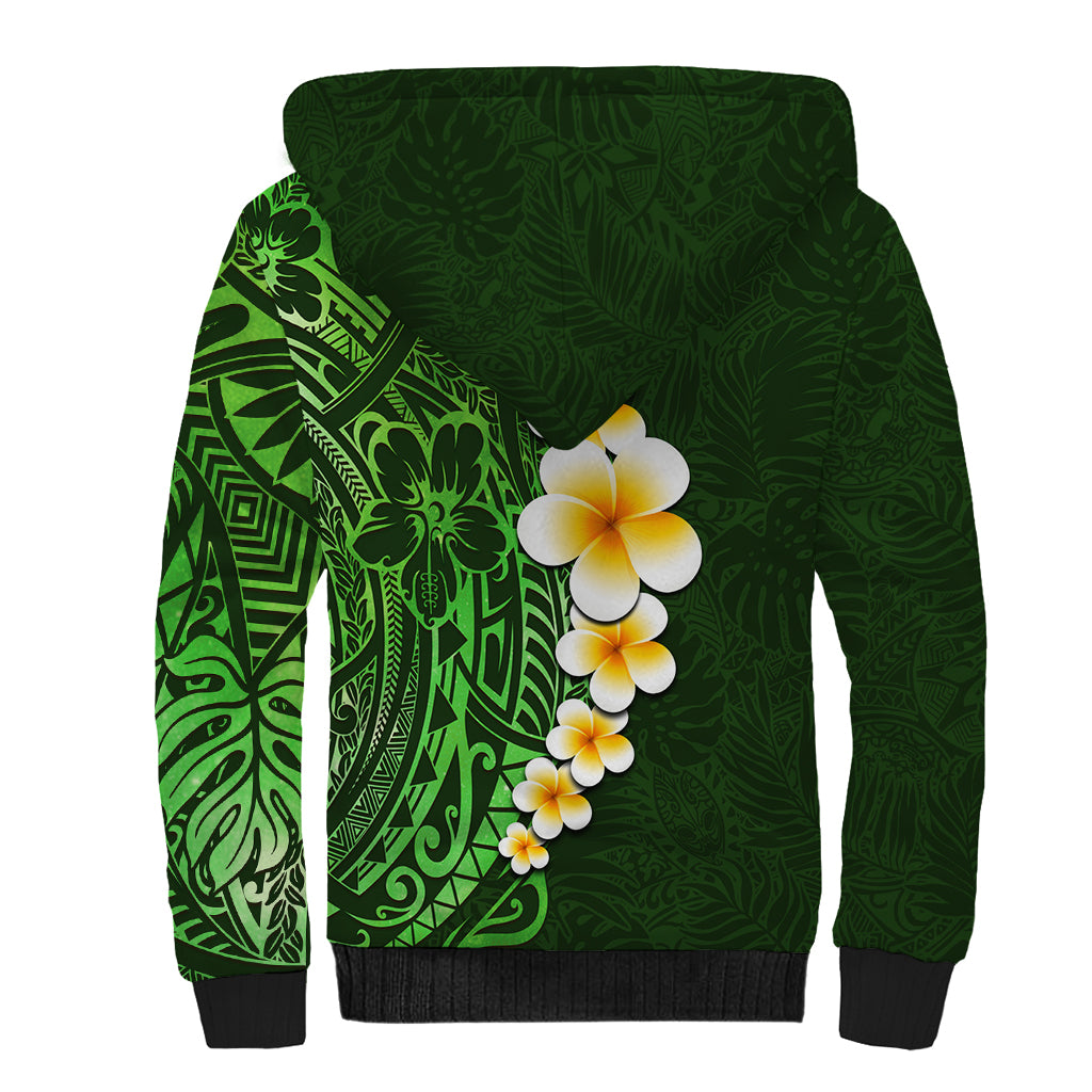 Green Polynesia Sherpa Hoodie Plumeria Tropical Leaves With Galaxy Polynesian Art - Wonder Print Shop