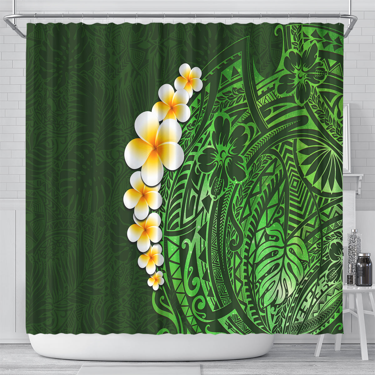 green-polynesia-shower-curtain-plumeria-tropical-leaves-with-galaxy-polynesian-art
