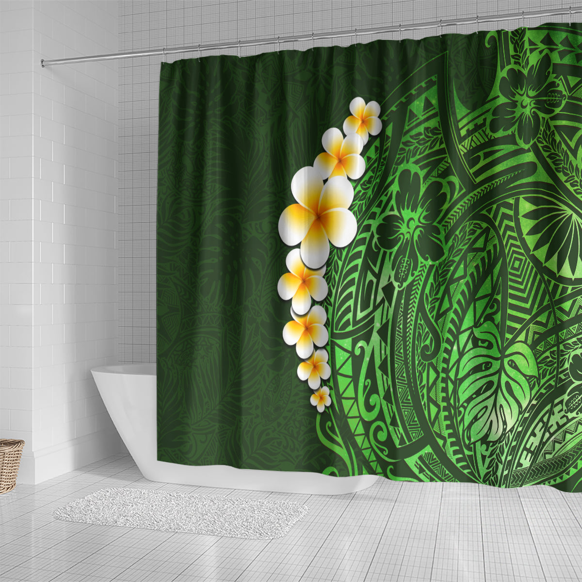 green-polynesia-shower-curtain-plumeria-tropical-leaves-with-galaxy-polynesian-art