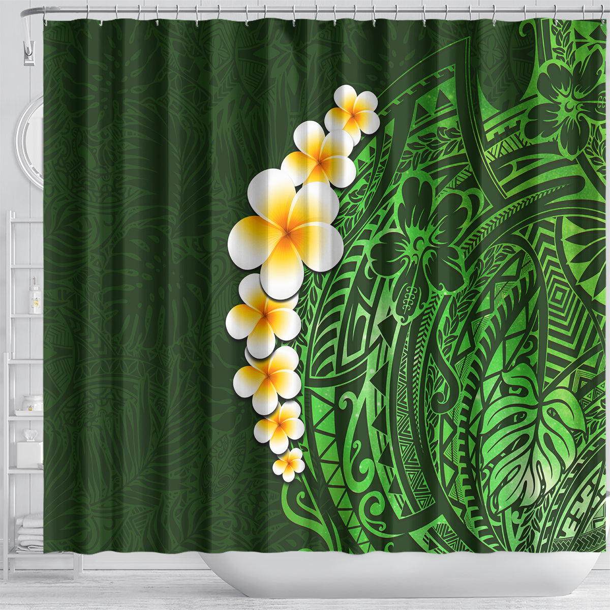 green-polynesia-shower-curtain-plumeria-tropical-leaves-with-galaxy-polynesian-art