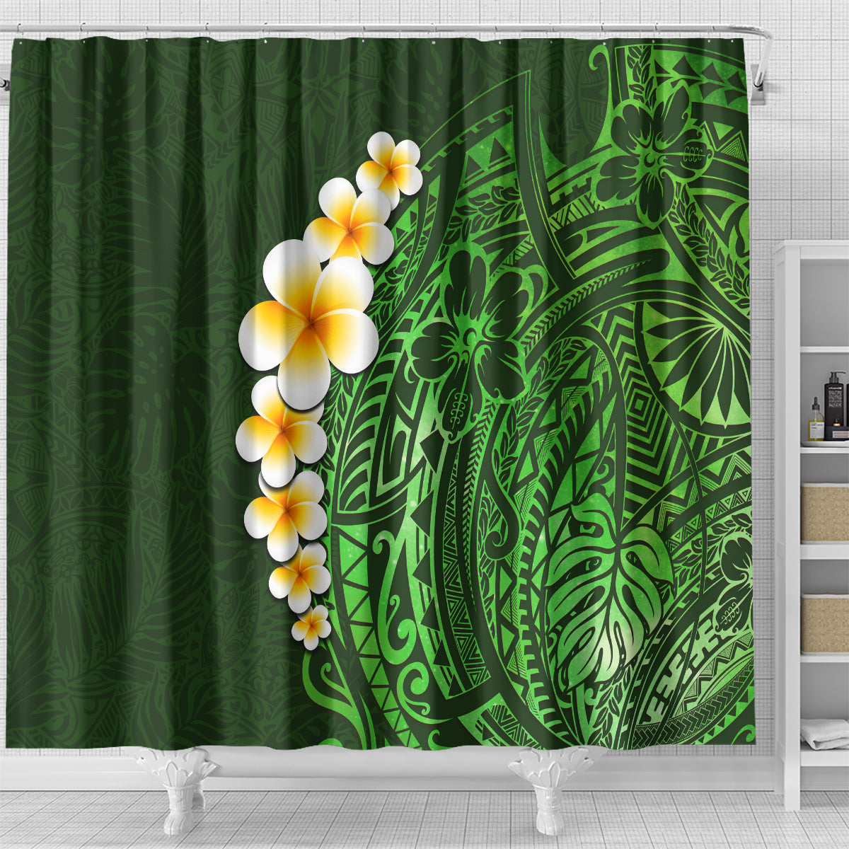 green-polynesia-shower-curtain-plumeria-tropical-leaves-with-galaxy-polynesian-art