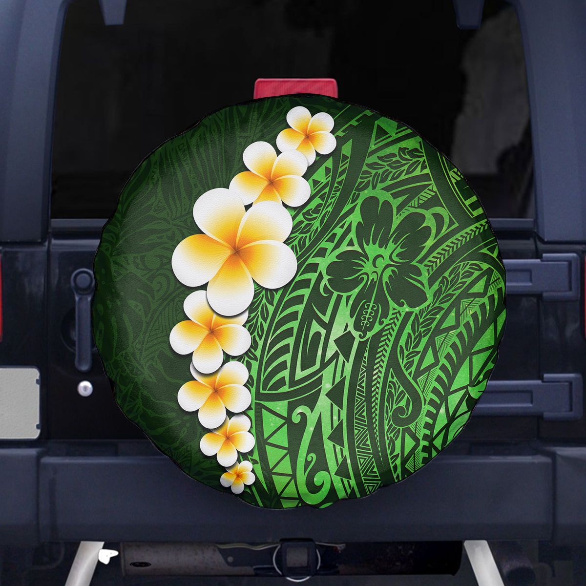 Green Polynesia Spare Tire Cover Plumeria Tropical Leaves With Galaxy Polynesian Art - Wonder Print Shop