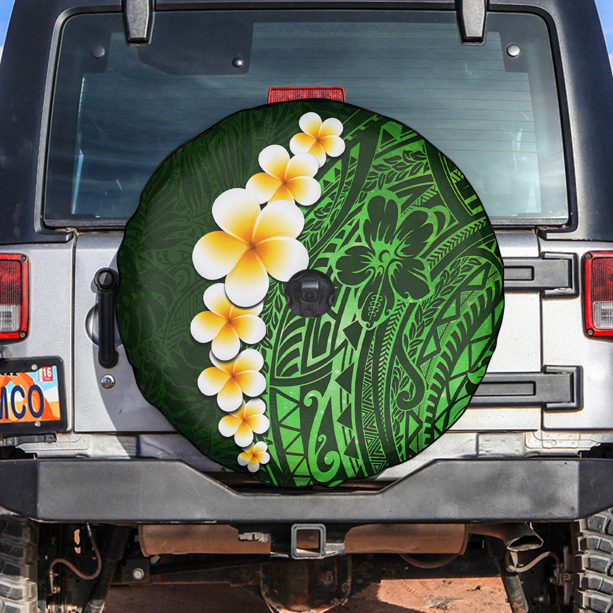 Green Polynesia Spare Tire Cover Plumeria Tropical Leaves With Galaxy Polynesian Art - Wonder Print Shop