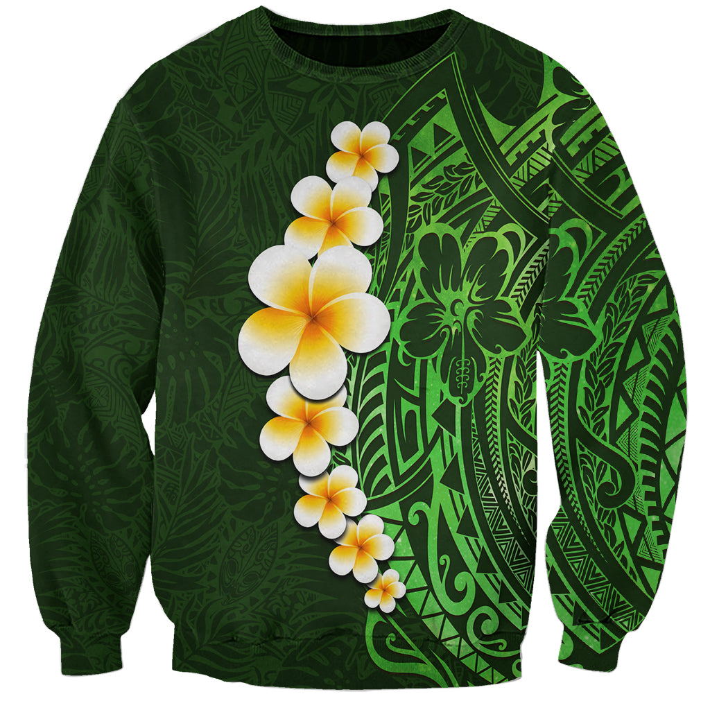 Green Polynesia Sweatshirt Plumeria Tropical Leaves With Galaxy Polynesian Art - Wonder Print Shop
