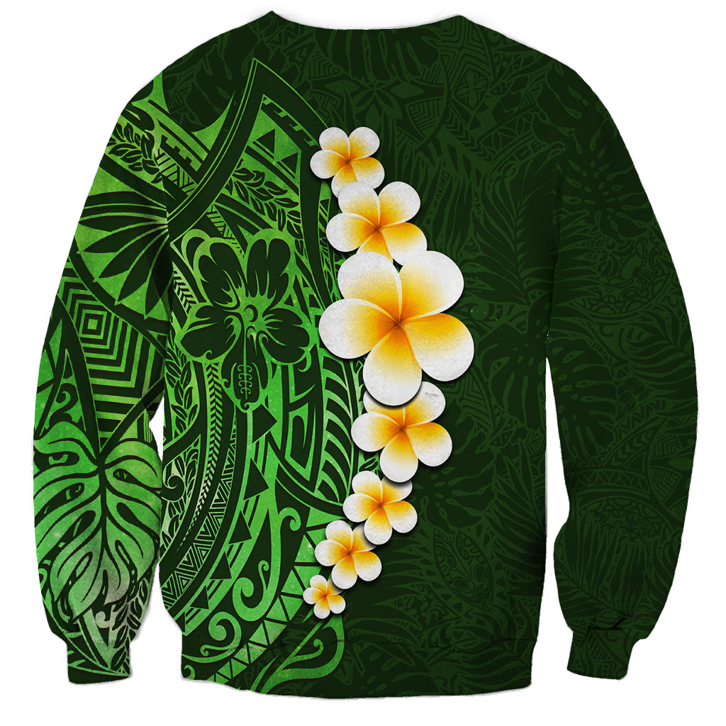 Green Polynesia Sweatshirt Plumeria Tropical Leaves With Galaxy Polynesian Art - Wonder Print Shop