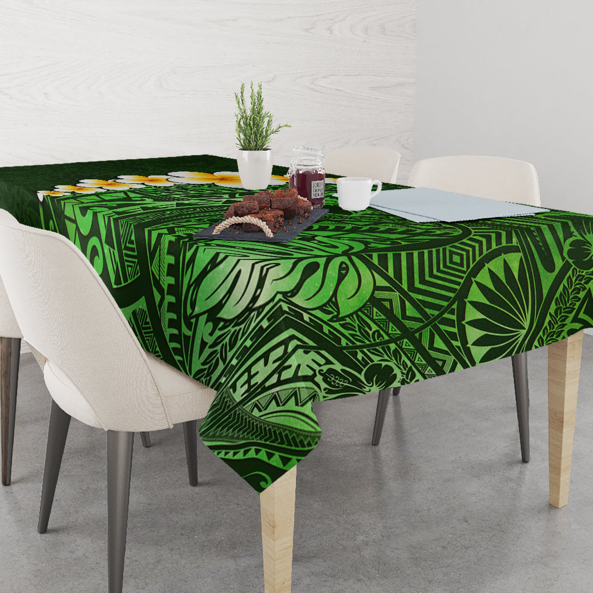 Green Polynesia Tablecloth Plumeria Tropical Leaves With Galaxy Polynesian Art - Wonder Print Shop