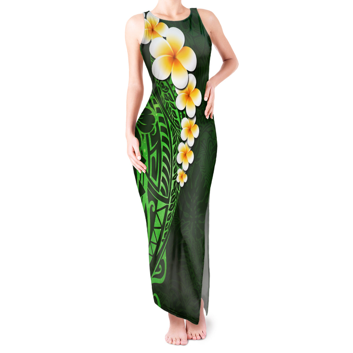 Green Polynesia Tank Maxi Dress Plumeria Tropical Leaves With Galaxy Polynesian Art - Wonder Print Shop