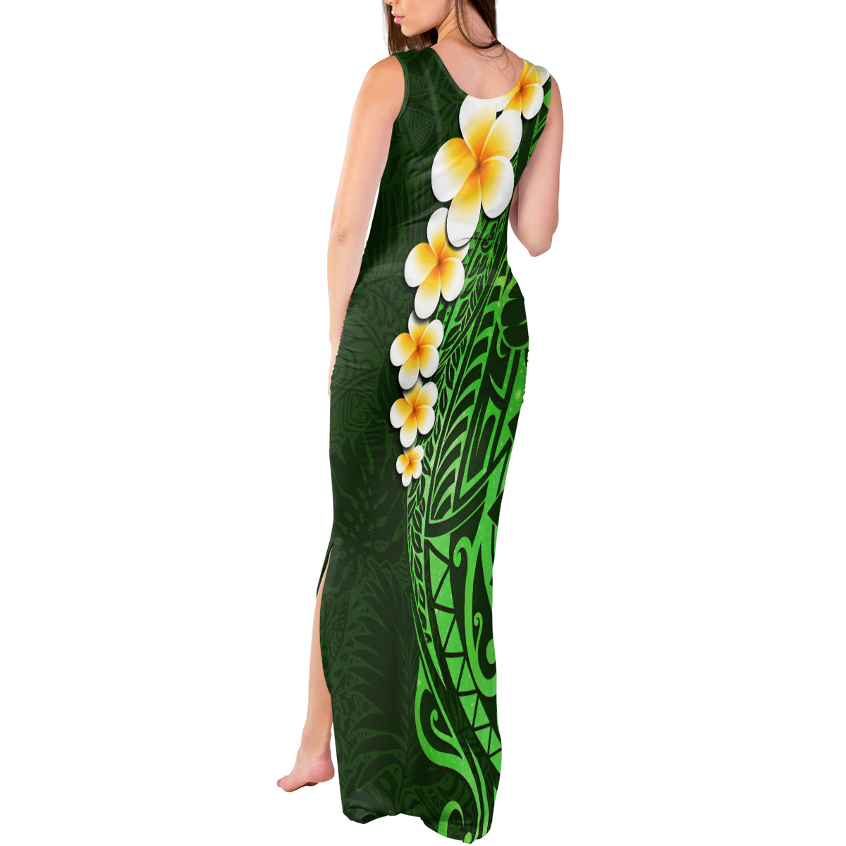 Green Polynesia Tank Maxi Dress Plumeria Tropical Leaves With Galaxy Polynesian Art - Wonder Print Shop