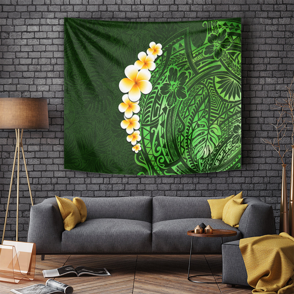 Green Polynesia Tapestry Plumeria Tropical Leaves With Galaxy Polynesian Art - Wonder Print Shop