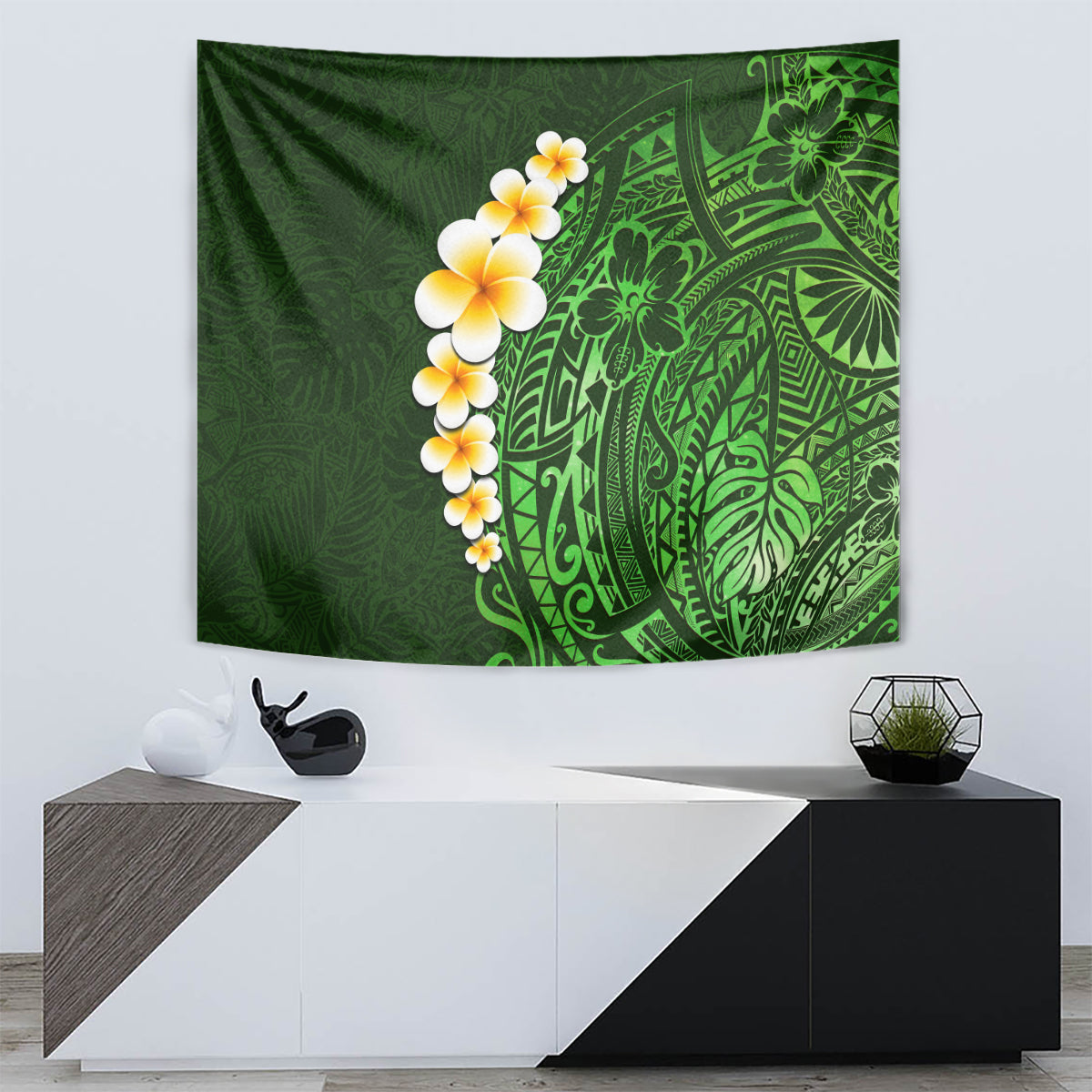 Green Polynesia Tapestry Plumeria Tropical Leaves With Galaxy Polynesian Art - Wonder Print Shop