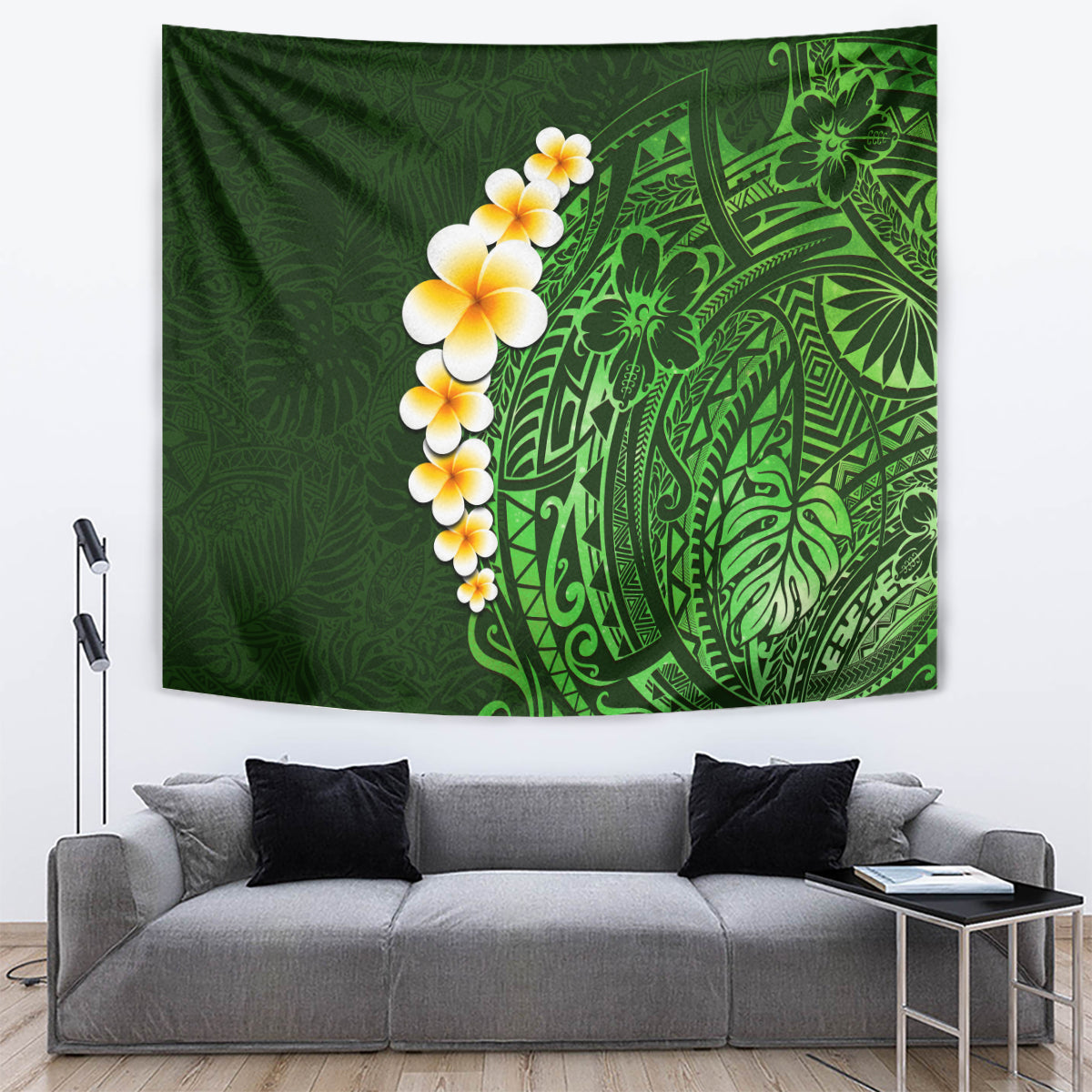 Green Polynesia Tapestry Plumeria Tropical Leaves With Galaxy Polynesian Art - Wonder Print Shop