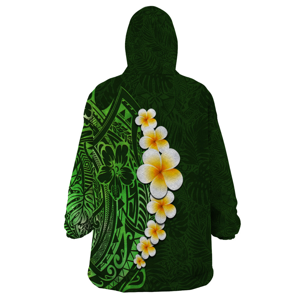 Green Polynesia Wearable Blanket Hoodie Plumeria Tropical Leaves With Galaxy Polynesian Art - Wonder Print Shop