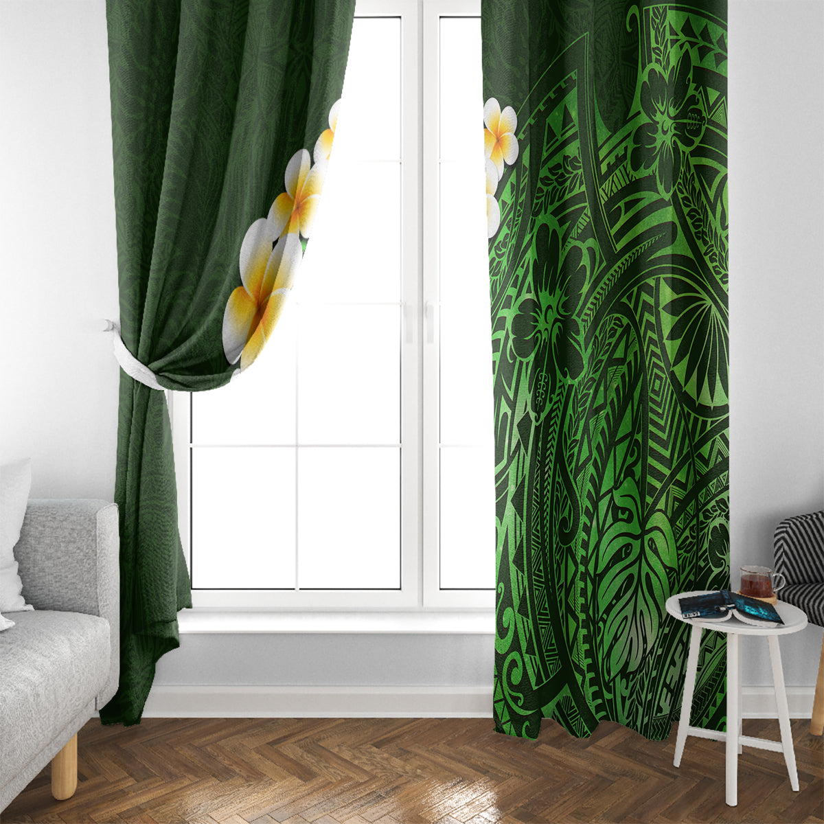 Green Polynesia Window Curtain Plumeria Tropical Leaves With Galaxy Polynesian Art - Wonder Print Shop