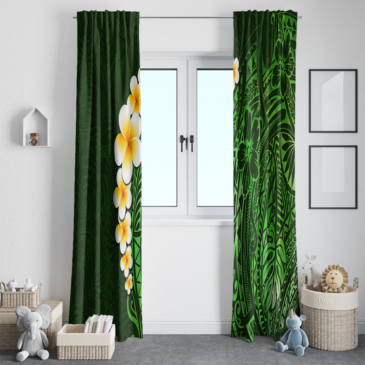 Green Polynesia Window Curtain Plumeria Tropical Leaves With Galaxy Polynesian Art - Wonder Print Shop