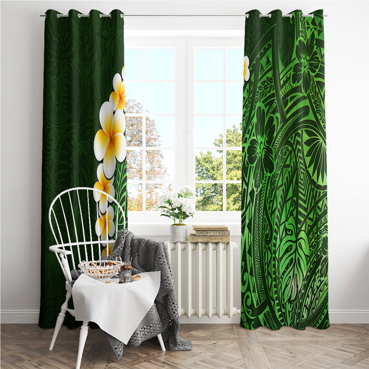 Green Polynesia Window Curtain Plumeria Tropical Leaves With Galaxy Polynesian Art - Wonder Print Shop