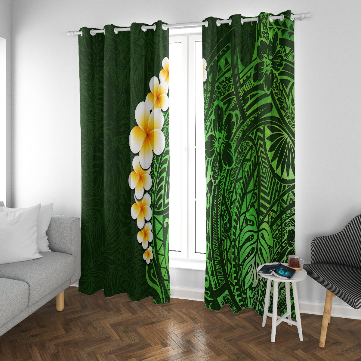 Green Polynesia Window Curtain Plumeria Tropical Leaves With Galaxy Polynesian Art - Wonder Print Shop