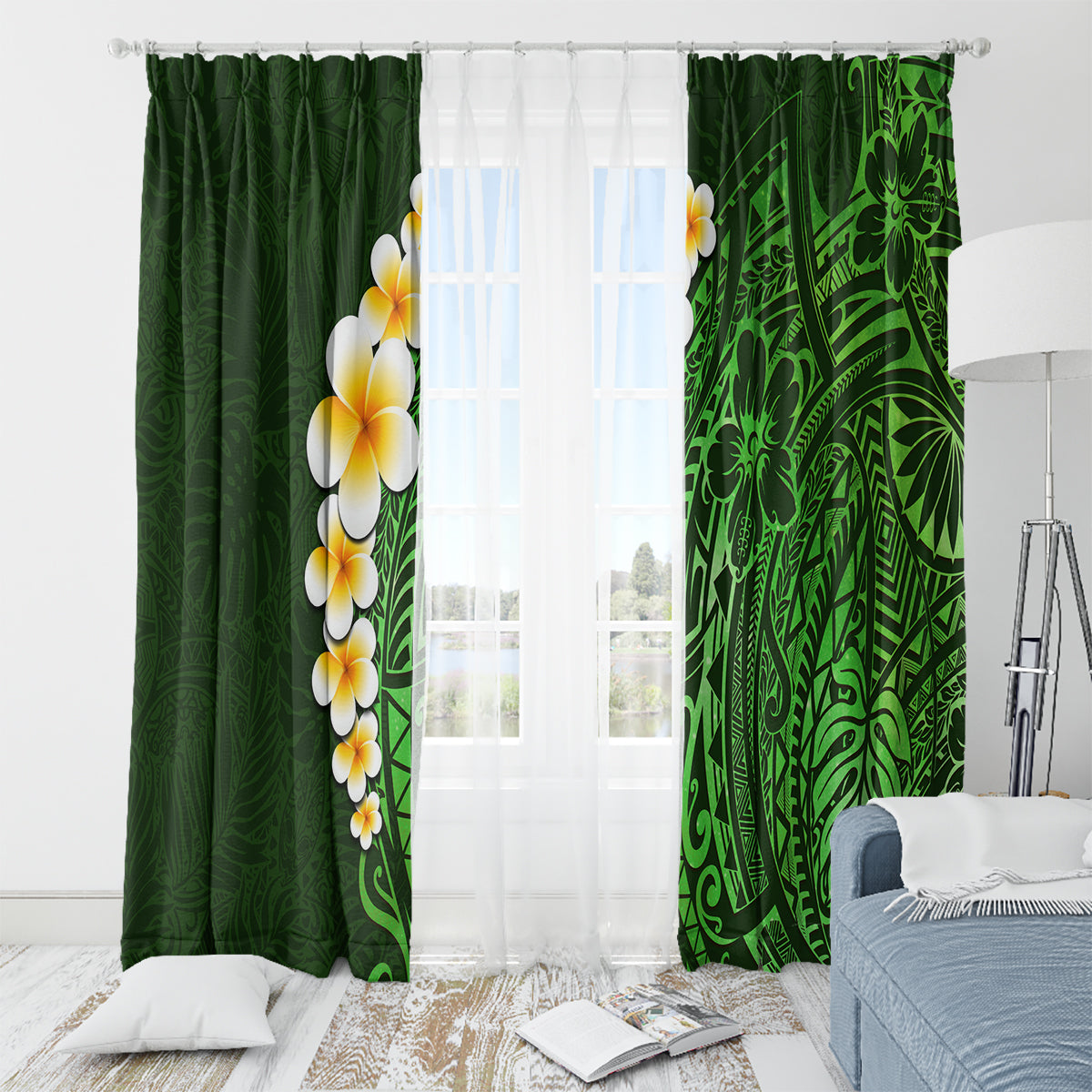 Green Polynesia Window Curtain Plumeria Tropical Leaves With Galaxy Polynesian Art - Wonder Print Shop