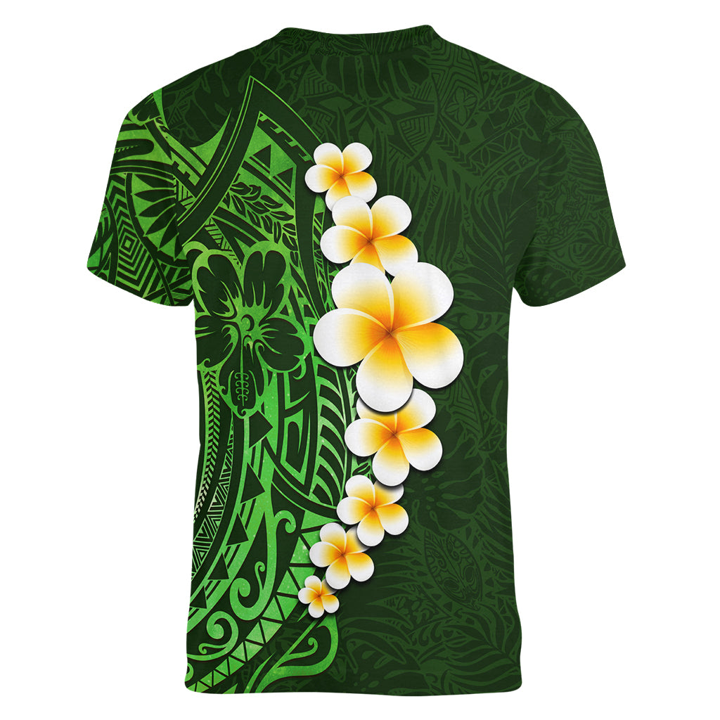 Green Polynesia Women V Neck T Shirt Plumeria Tropical Leaves With Galaxy Polynesian Art - Wonder Print Shop