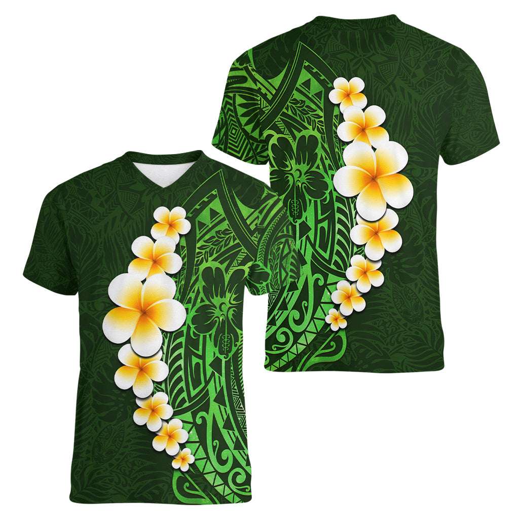 Green Polynesia Women V Neck T Shirt Plumeria Tropical Leaves With Galaxy Polynesian Art - Wonder Print Shop