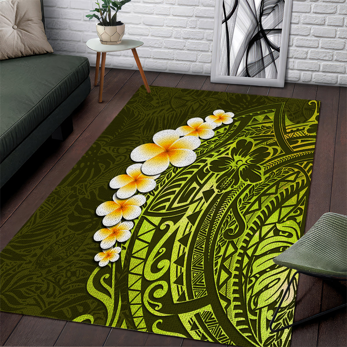 Lime Green Tropical Plumeria With Galaxy Polynesian Art Area Rug - Wonder Print Shop