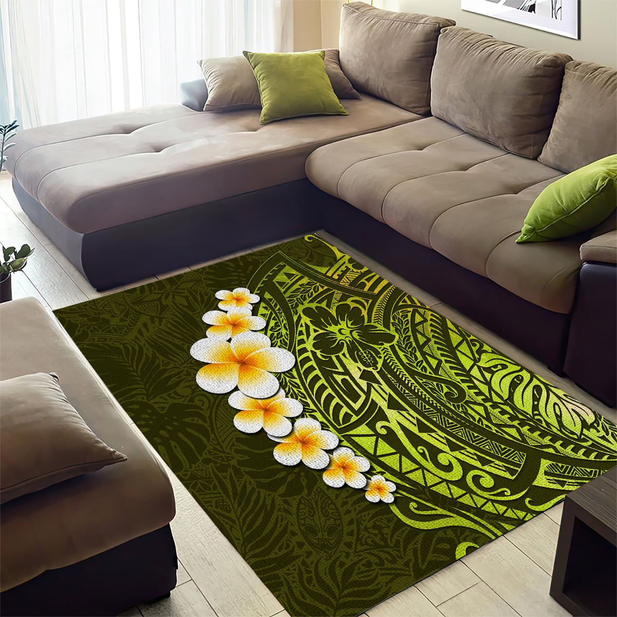Lime Green Tropical Plumeria With Galaxy Polynesian Art Area Rug - Wonder Print Shop